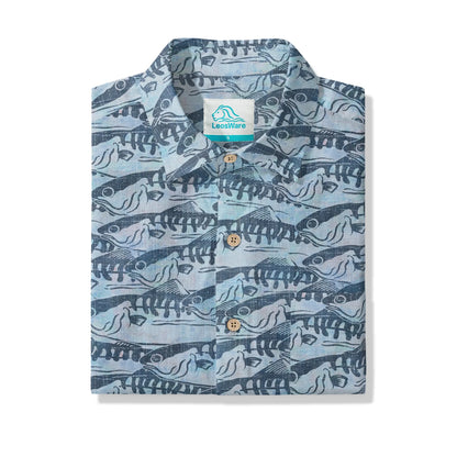 LeosWare® Men's Hawaiian Shirt Short Sleeve Button-up 100% Cotton Blue Aloha Ink Wave Fish Formation