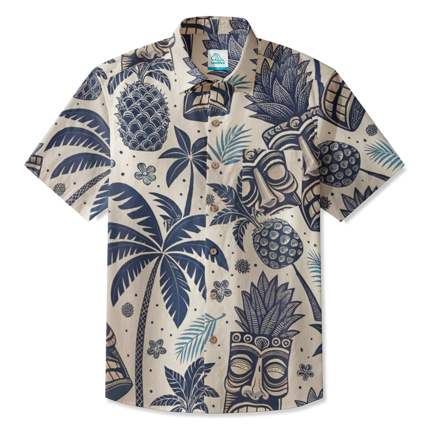LeosWare® Men's Hawaiian Shirt Short Sleeve Button-up 95% Polyester, 5% Spandex Aloha Tropic Ink