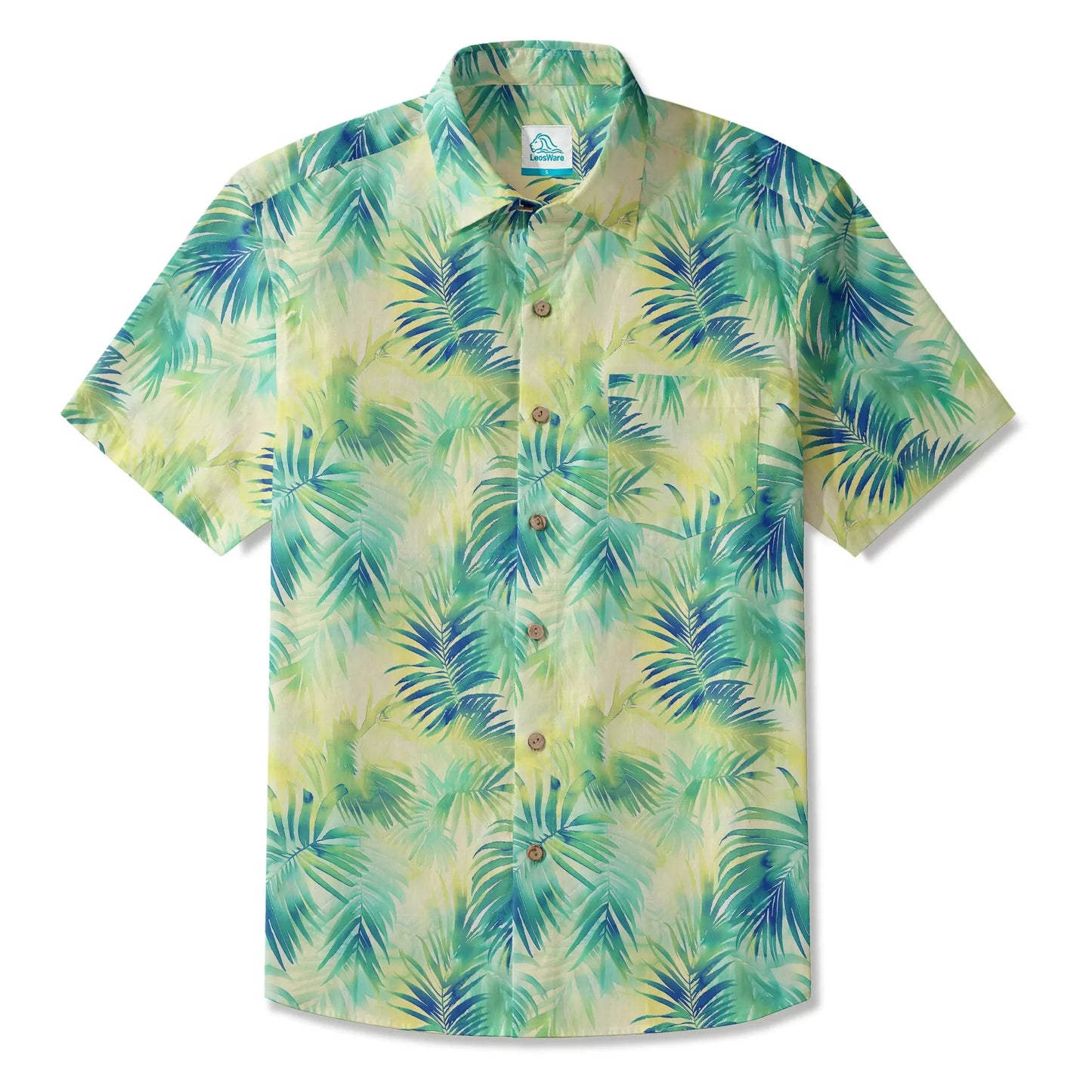 LeosWare® Plant Men's Hawaiian Shirt Short Sleeve Button-up 100% Cotton Green Aloha Coconut Breeze - Summer Delight