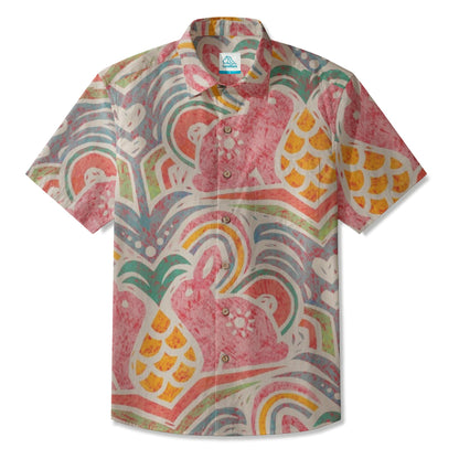 LeosWare® Men's Hawaiian Shirt Short Sleeve Button-up Breathable & Quick-Dry Aloha Bunny Love