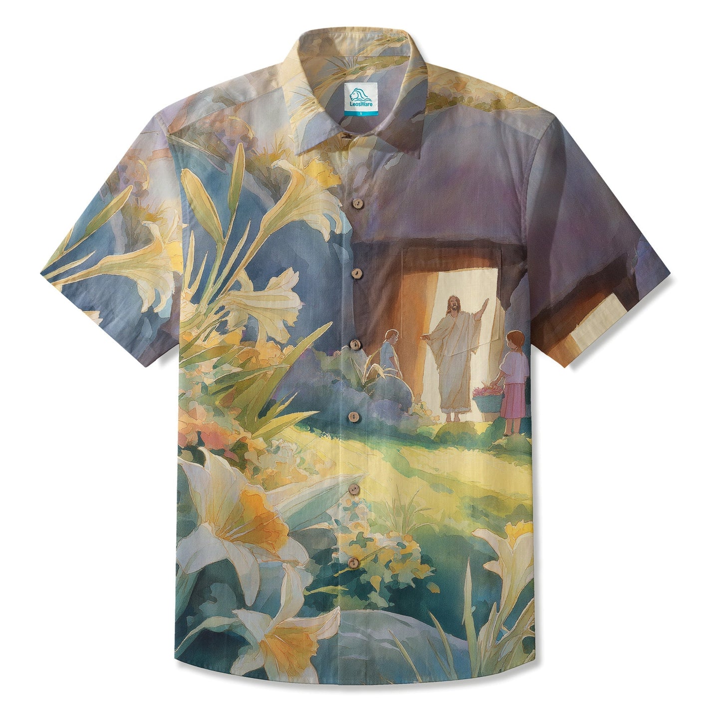 LeosWare® Men's Hawaiian Shirt Short Sleeve Button-up Breathable & Quick-Dry Aloha Easter Garden Soiree