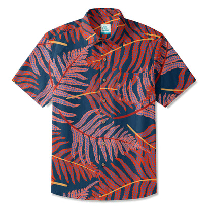 LeosWare® Plant Men's Hawaiian Shirt Short Sleeve Button-up 100% Cotton Blue Aloha Red Fern Night Shadows