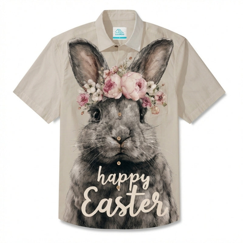 LeosWare® Men's Hawaiian Shirt Short Sleeve Button-up Breathable & Quick-Dry Aloha Easter Bunny Print