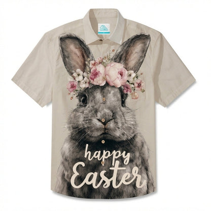 LeosWare® Men's Hawaiian Shirt Short Sleeve Button-up Breathable & Quick-Dry Aloha Easter Bunny Print