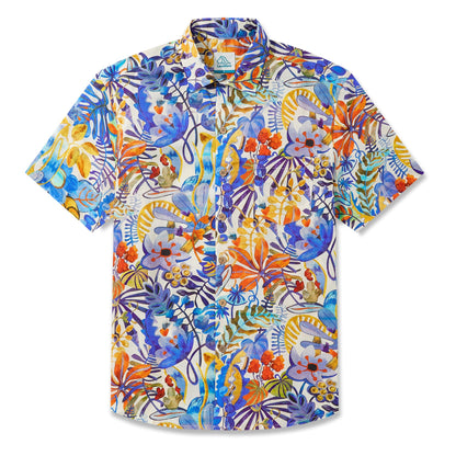 LeosWare® Men's Hawaiian Shirt Short Sleeve Button-up 100% Cotton Blue Aloha Tropical Floral Painting