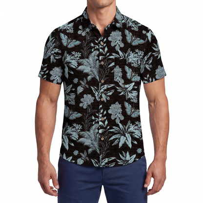 LeosWare® Men's Hawaiian Shirt Short Sleeve Button-up 100% Cotton Black Aloha Mystical Flowers And Butterflies