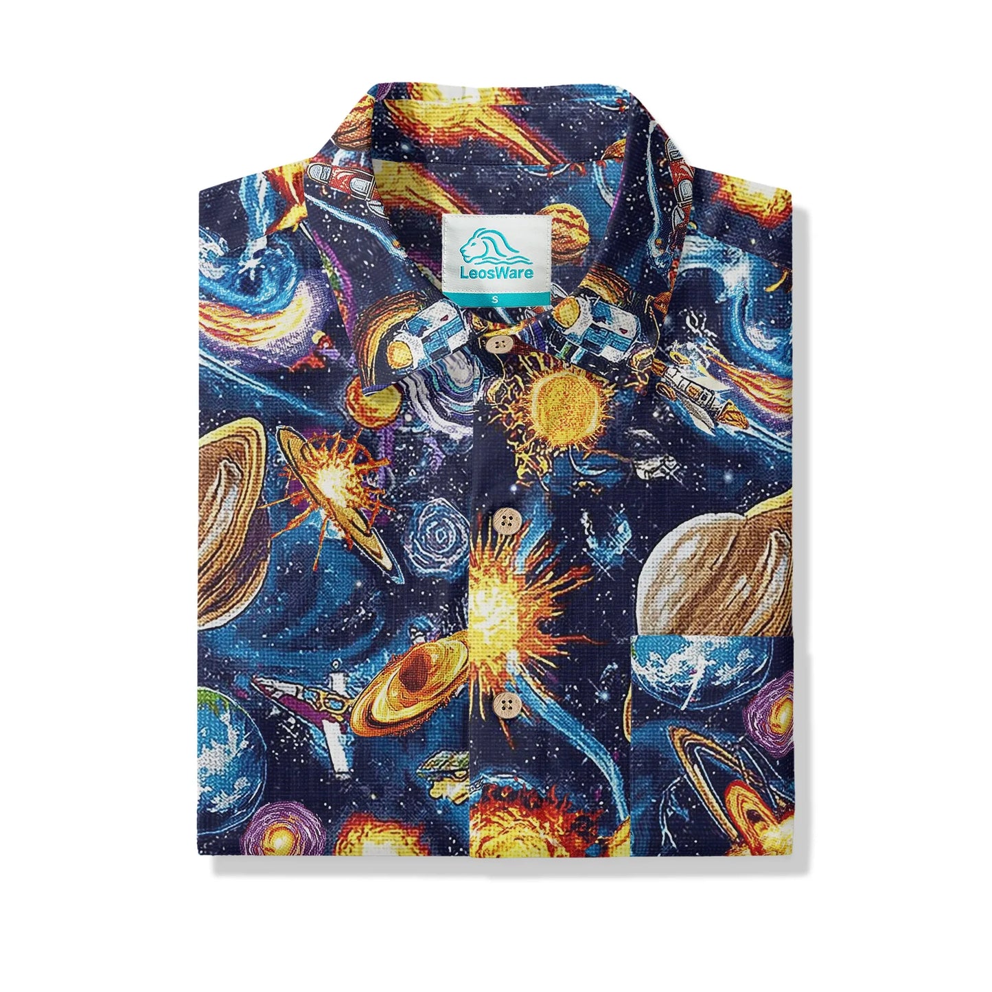 LeosWare® Men's Hawaiian Shirt Short Sleeve Button-up 100% Cotton Blue Aloha Journey Across The Stars