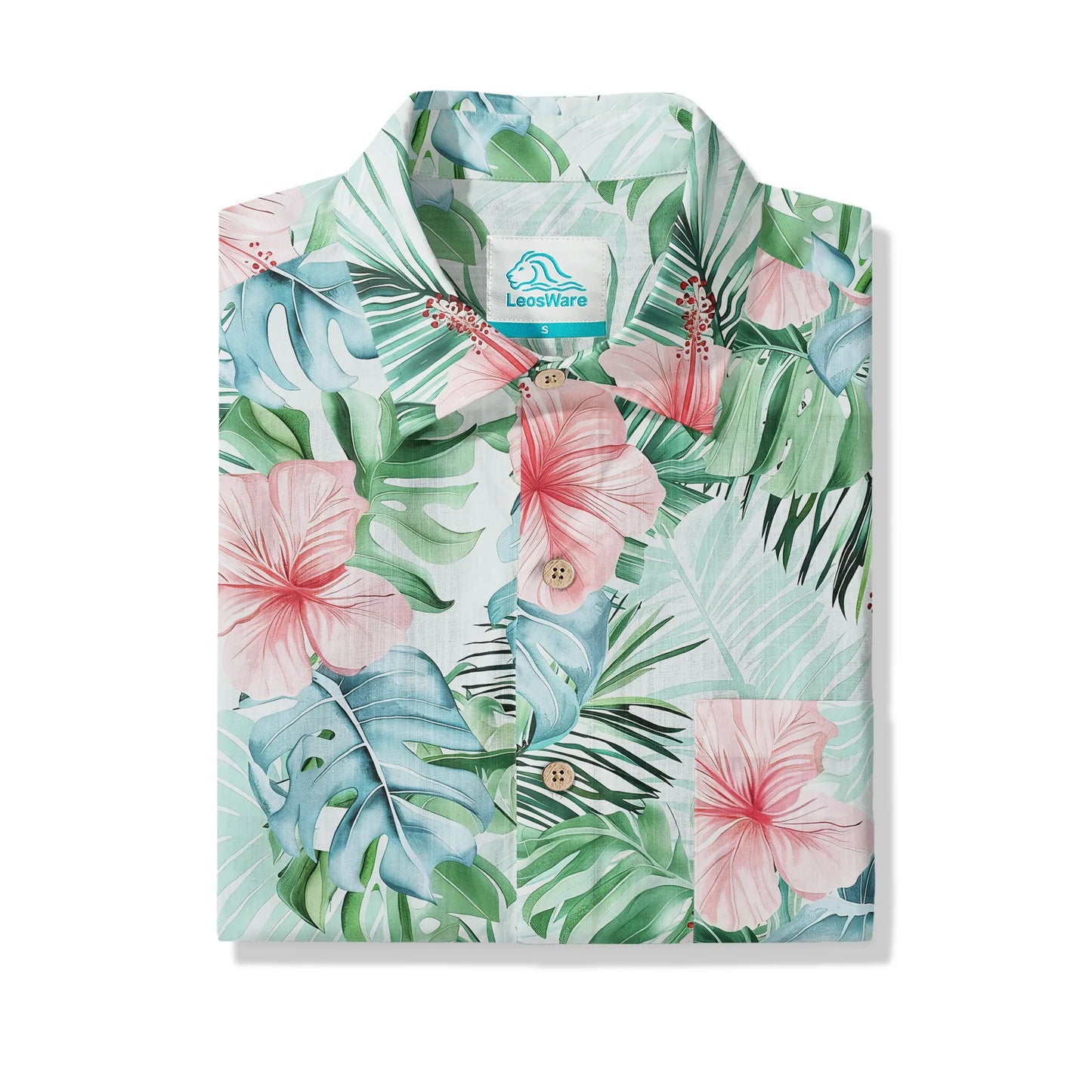 LeosWare® Men's Hawaiian Shirt Short Sleeve Button-up 100% Cotton Green Aloha Powdered Hibiscus Grove