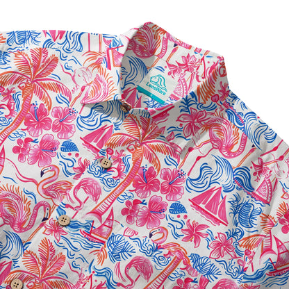 LeosWare® Men's Hawaiian Shirt Short Sleeve Button-up 100% Cotton Aloha Tropical Fire Bay