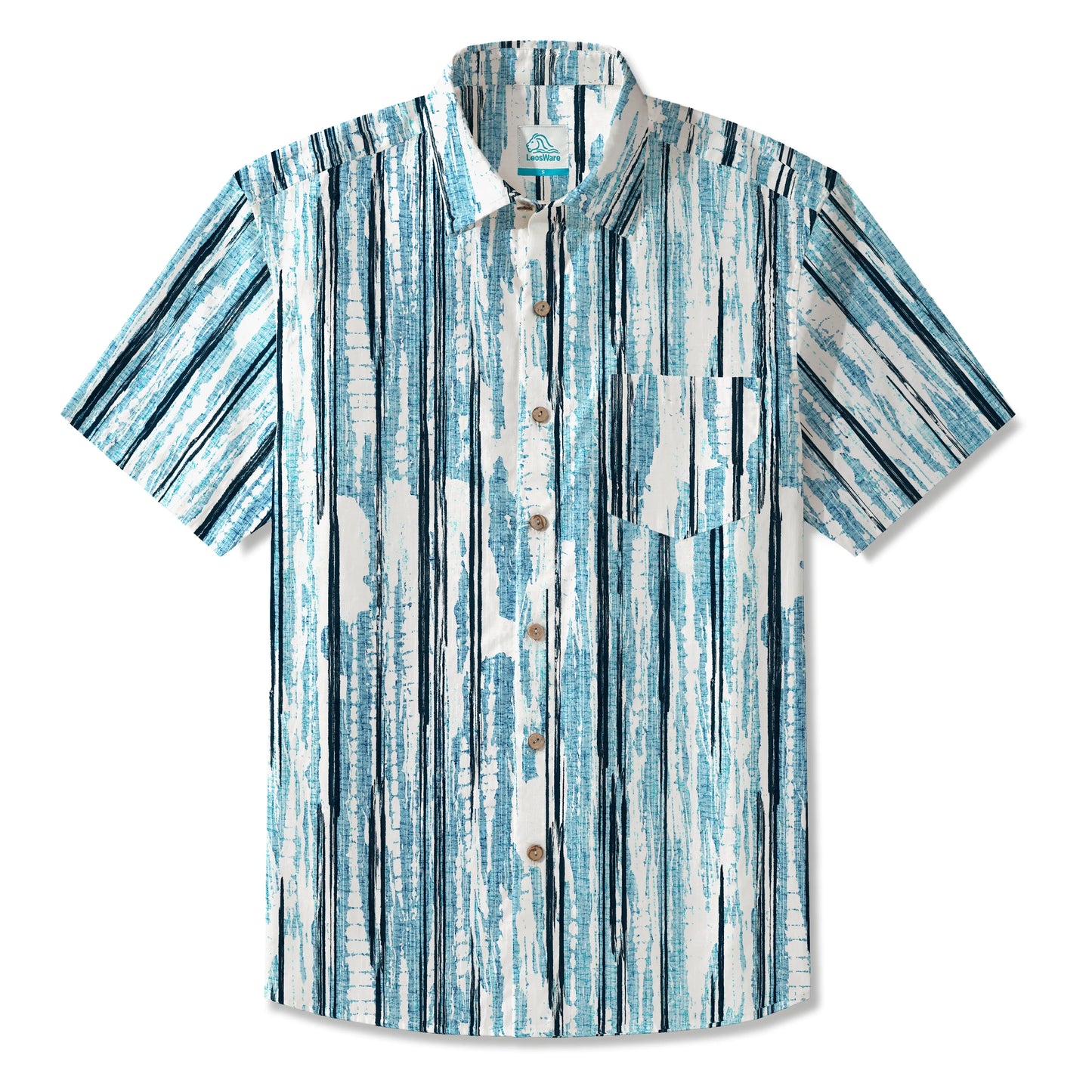 LeosWare® Men's Hawaiian Shirt Short Sleeve Button-up 100% Cotton Blue Aloha Minimalist Blue Veins