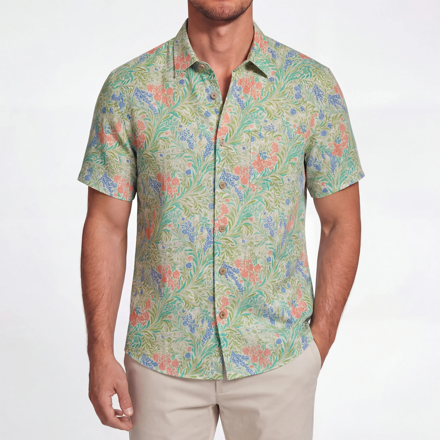 LeosWare® Men's Hawaiian Shirt Short Sleeve Button-up 100% Cotton Green Aloha Alfalfa Flower Earthly Weave