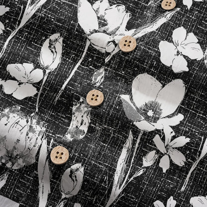 LeosWare® Flower Men's Hawaiian Shirt Short Sleeve Button-up 100% Cotton Black Aloha Ink Strokes And Flower Traces