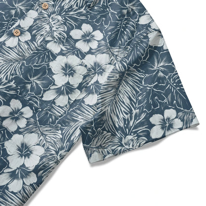 LeosWare® Hibiscus Flower Men's Hawaiian Shirt Short Sleeve Button-up 100% Cotton Blue Aloha Blue Ink Flower Shadows