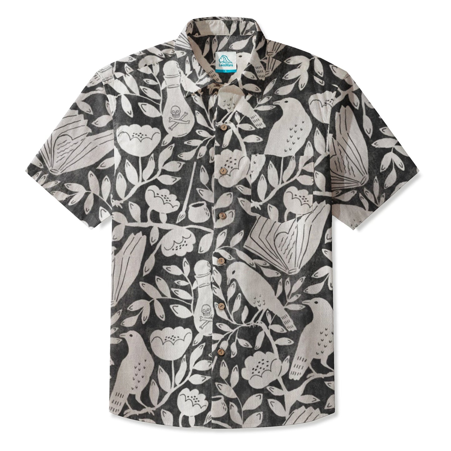 LeosWare® Men's Hawaiian Shirt Short Sleeve Button-up 95% Polyester, 5% Spandex Aloha Shadow Ballads