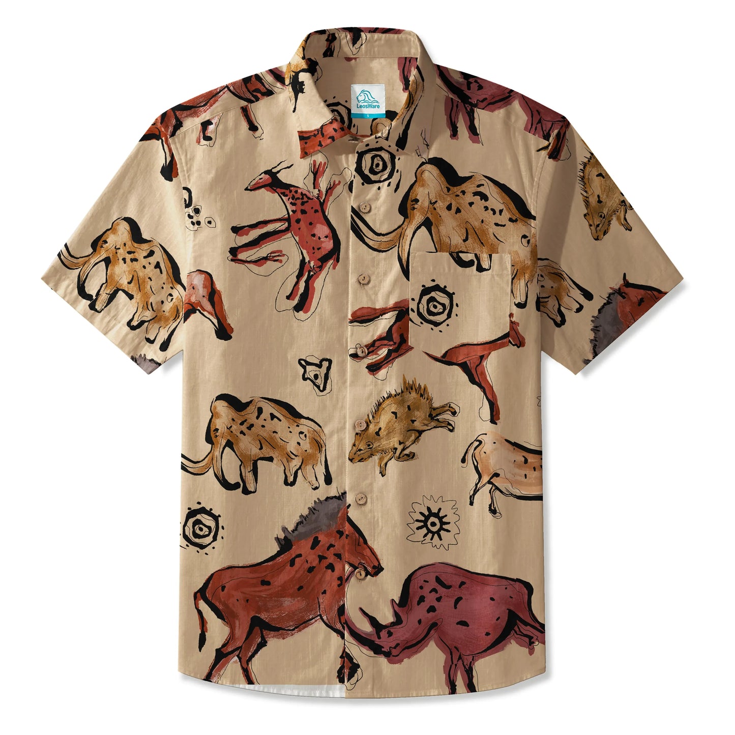 LeosWare® Men's Hawaiian Shirt Short Sleeve Button-up 100% Cotton Red Aloha Vintage Cave Art Print