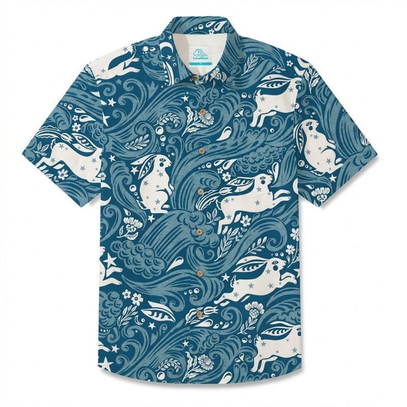 LeosWare® Men's Hawaiian Shirt Short Sleeve Button-up Breathable & Quick-Dry Aloha Lunar Hares