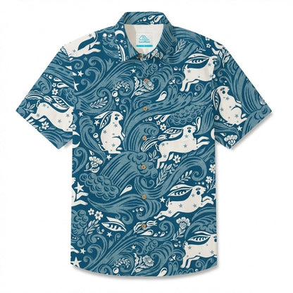 LeosWare® Men's Hawaiian Shirt Short Sleeve Button-up Breathable & Quick-Dry Aloha Lunar Hares