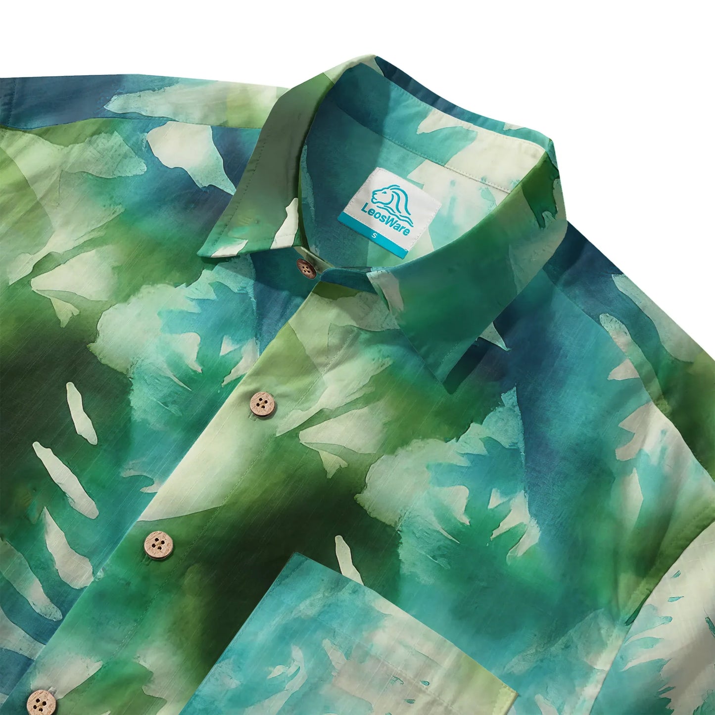 LeosWare® Men's Hawaiian Shirt Short Sleeve Button-up 100% Cotton Green Aloha Misty Forest Cascade