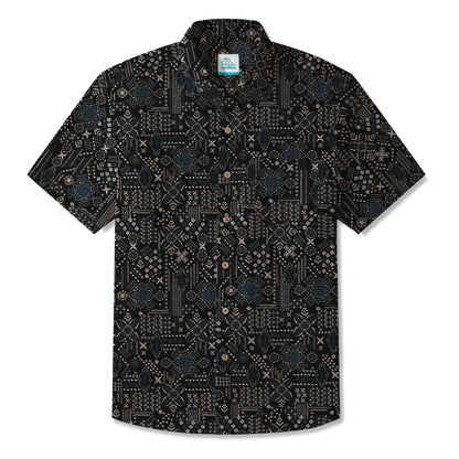 LeosWare® Men's Hawaiian Shirt Short Sleeve Button-up 100% Cotton Black Aloha Dark Geometric Art