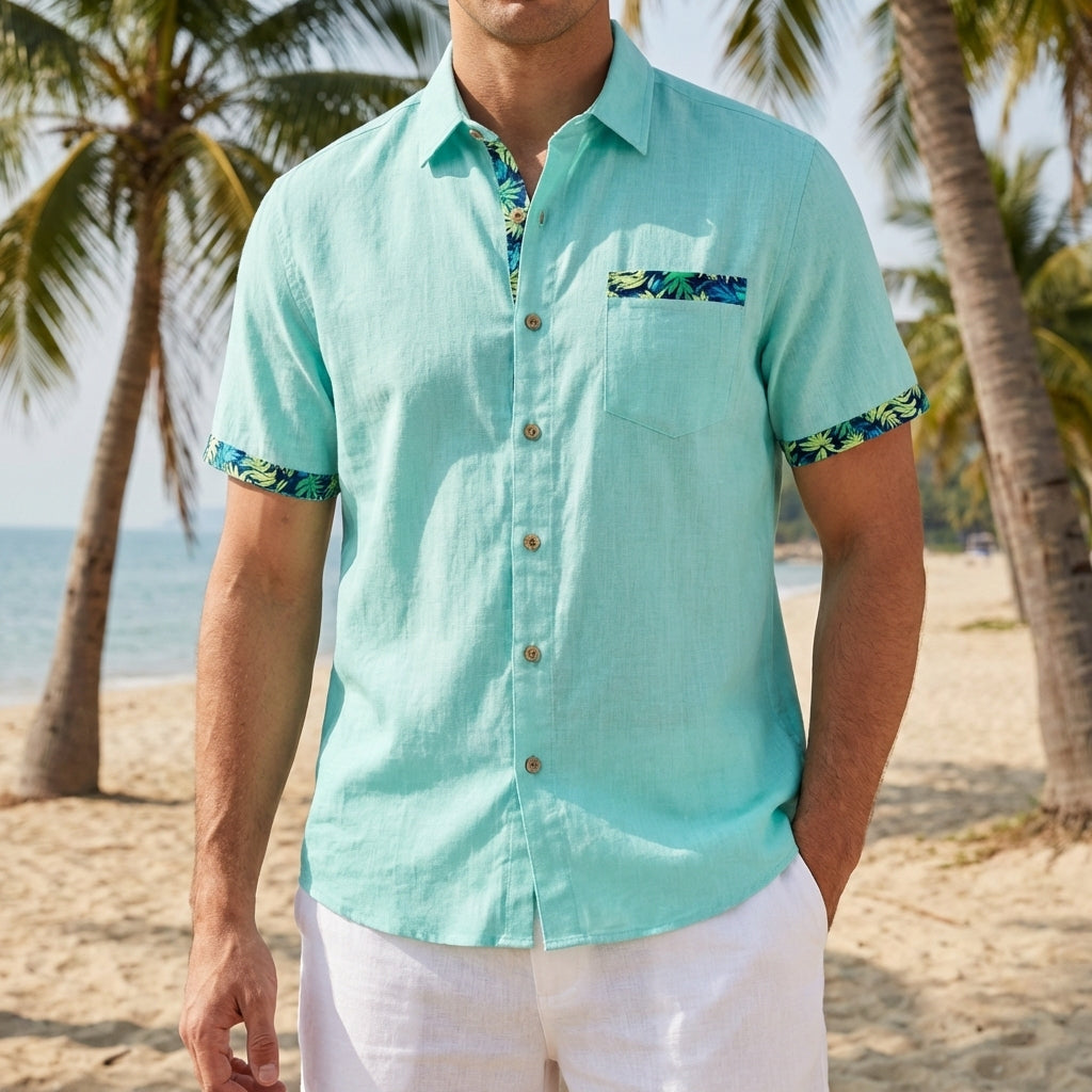 LeosWare® Men's Hawaiian Shirt Short Sleeve Button-up Breathable & Quick-Dry Aloha Solid Foundation