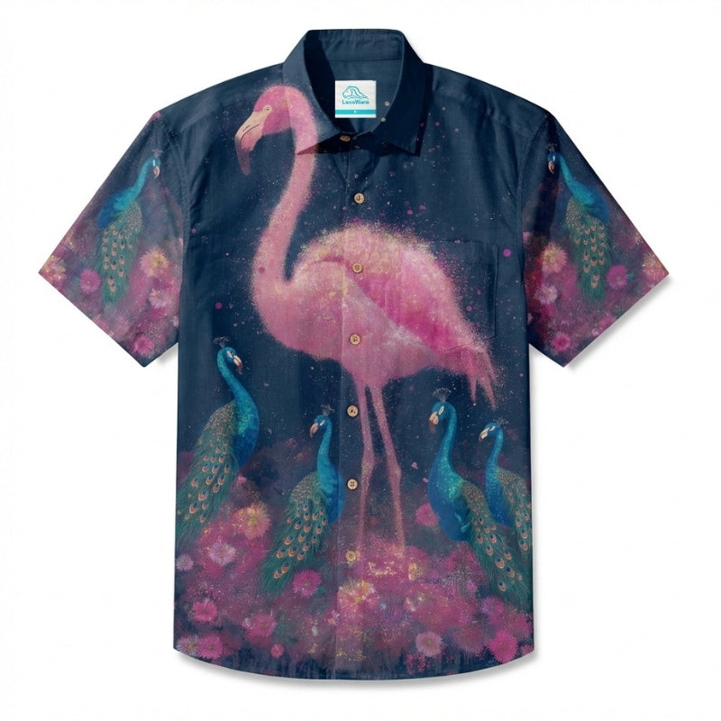 LeosWare® Men's Hawaiian Shirt Short Sleeve Button-up Breathable & Quick-Dry Aloha Glowing Flamingo