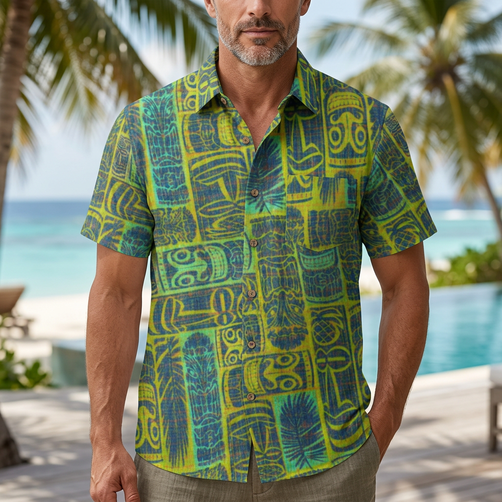 LeosWare® Men's Hawaiian Shirt Short Sleeve Button-up Breathable & Quick-Dry Aloha Tiki Totems