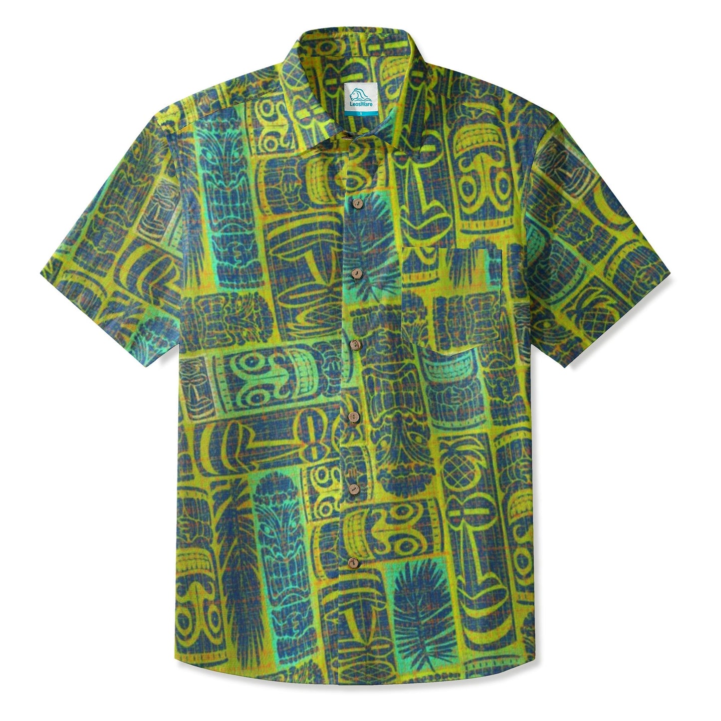 LeosWare® Men's Hawaiian Shirt Short Sleeve Button-up Breathable & Quick-Dry Aloha Tiki Totems