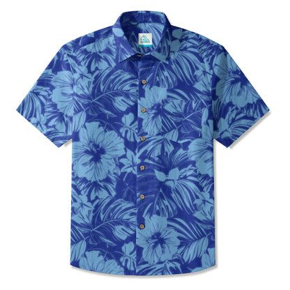 LeosWare® Hibiscus Flower Men's Hawaiian Shirt Short Sleeve Button-up 100% Cotton Blue Aloha Blue Serenity