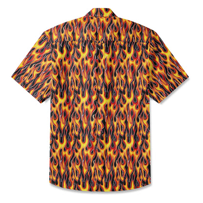 LeosWare® Flames Men's Hawaiian Shirt Short Sleeve Button-up 100% Cotton Yellow Aloha Flame Surge