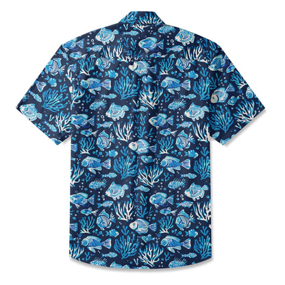 LeosWare® Men's Hawaiian Shirt Short Sleeve Button-up 100% Cotton Blue Coral Aloha Deep Blue Fish Whisper