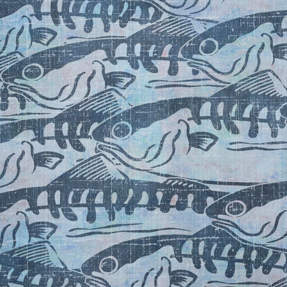 LeosWare® Men's Hawaiian Shirt Short Sleeve Button-up 100% Cotton Blue Aloha Ink Wave Fish Formation