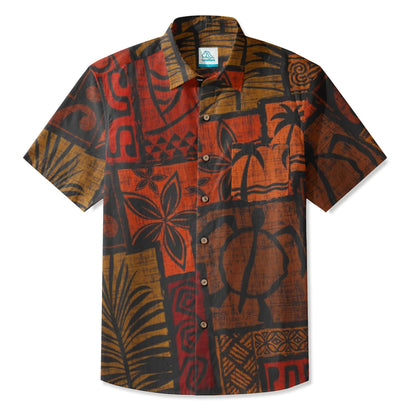 LeosWare® Men's Hawaiian Shirt Short Sleeve Button-up Breathable & Quick-Dry Aloha Tiki Mood(Burnt Orange)