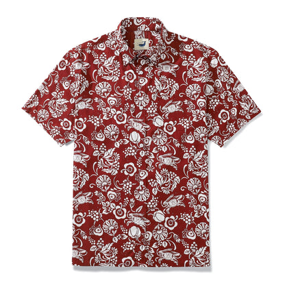 Deep Red Vintage Cotton Button-down Shirt With Tropical Print Scarlet