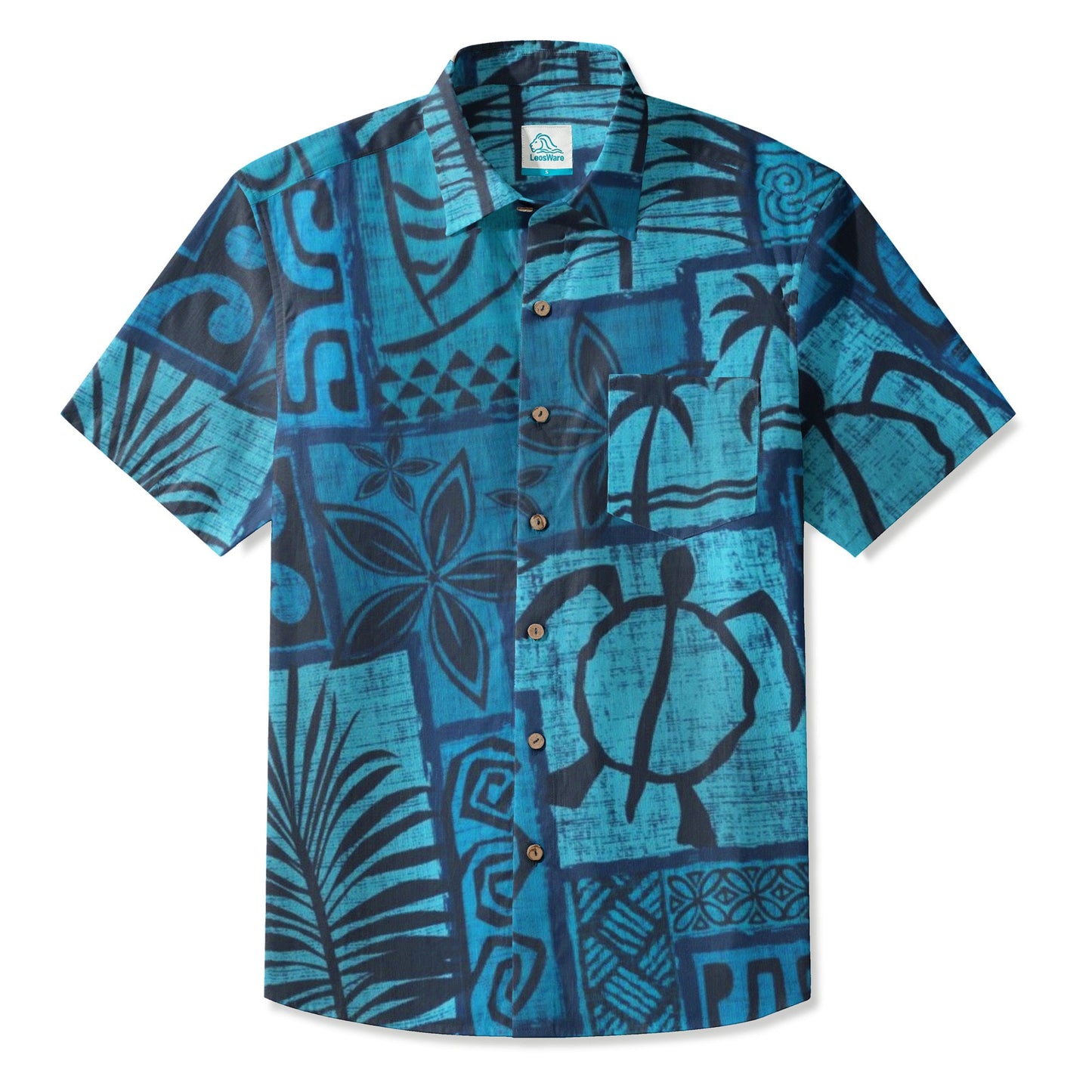 LeosWare® Men's Hawaiian Shirt Short Sleeve Button-up Breathable & Quick-Dry Aloha Tiki Mood(island Blue)