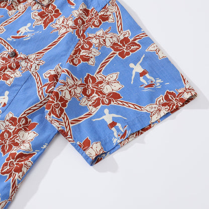 Hawaiian Shirts For Men Vintage Cotton Flower Wreath and Surfer Short Sleeve Aloha Shirt
