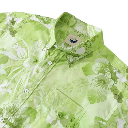 Hawaiian Shirts For Men Tropical Green Floral Cotton Button Down Short Sleeve Aloha Shirt