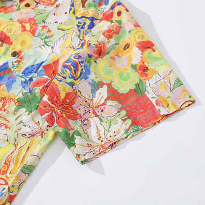 1970s Vintage Hawaiian Shirt For Men Flower and Fruit Ocean Shirt Camp Collar 100% Cotton