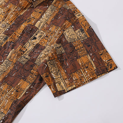 1940s Hawaiian Shirt For Men TIKI Print Cotton Button Down Short Sleeve Aloha Shirt