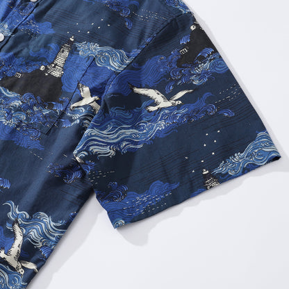 Men's Hawaiian Shirt Lighthouse Print By Alice Brown Cotton Button-down Short Sleeve Aloha Shirt