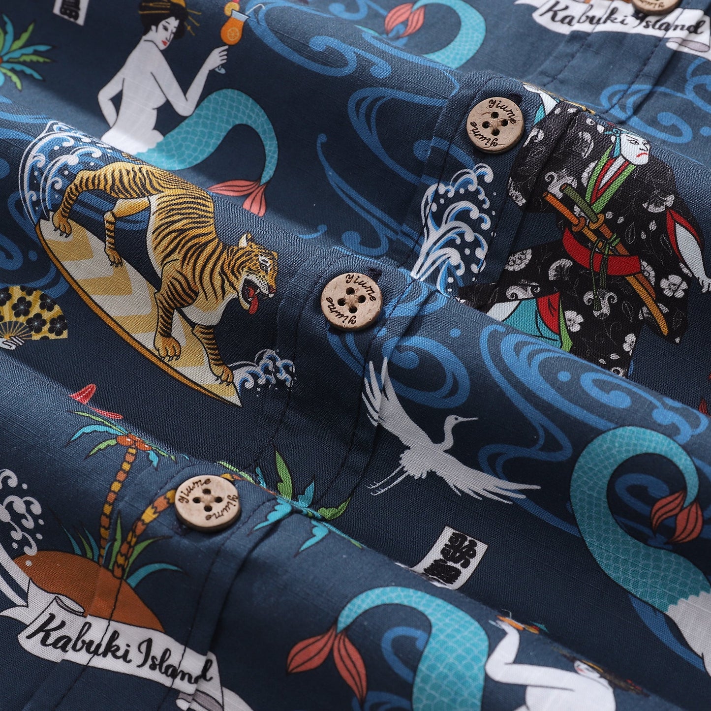 Men's Hawaiian Shirt Aloha Kabuki Print BY Julia Madoka Cotton Button-down Short Sleeve Aloha Shirt