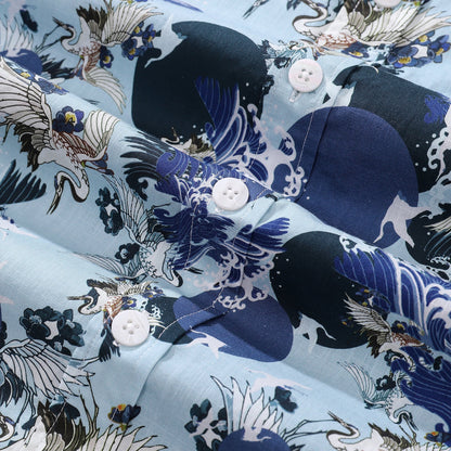 Men's Hawaiian Shirt Crane Waves Dancing Together Print Cotton Button-down Short Sleeve Aloha Shirt