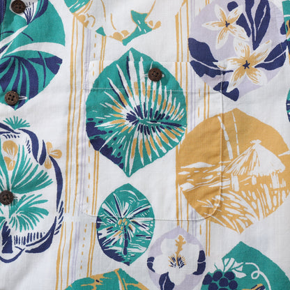 Striped Base Fabric with Vintage Tropical Flower Print Short-Sleeved Hawaiian Shirt