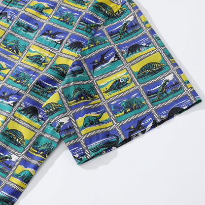 Hawaiian Shirts for Men Retro Dinosaur Stamp Collection 100% Cotton Short-Sleeve