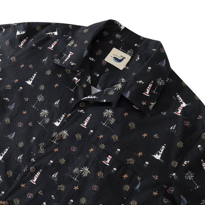 Hawaiian Shirt For Men Lighthouse Black Shirt Workwear Camp Collar 100% Cotton