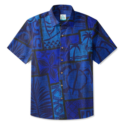 LeosWare® Men's Hawaiian Shirt Short Sleeve Button-up Breathable & Quick-Dry Aloha Tiki Mood(island Blue)