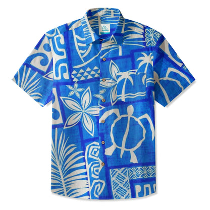 LeosWare® Men's Hawaiian Shirt Short Sleeve Button-up Breathable & Quick-Dry Aloha Tiki Mood(Ocean Blue)