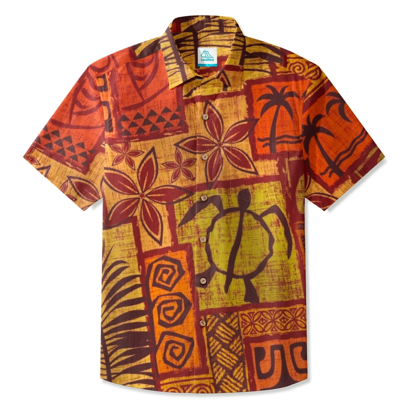 LeosWare® Men's Hawaiian Shirt Short Sleeve Button-up Breathable & Quick-Dry Aloha Tiki Mood(Burnt Orange)