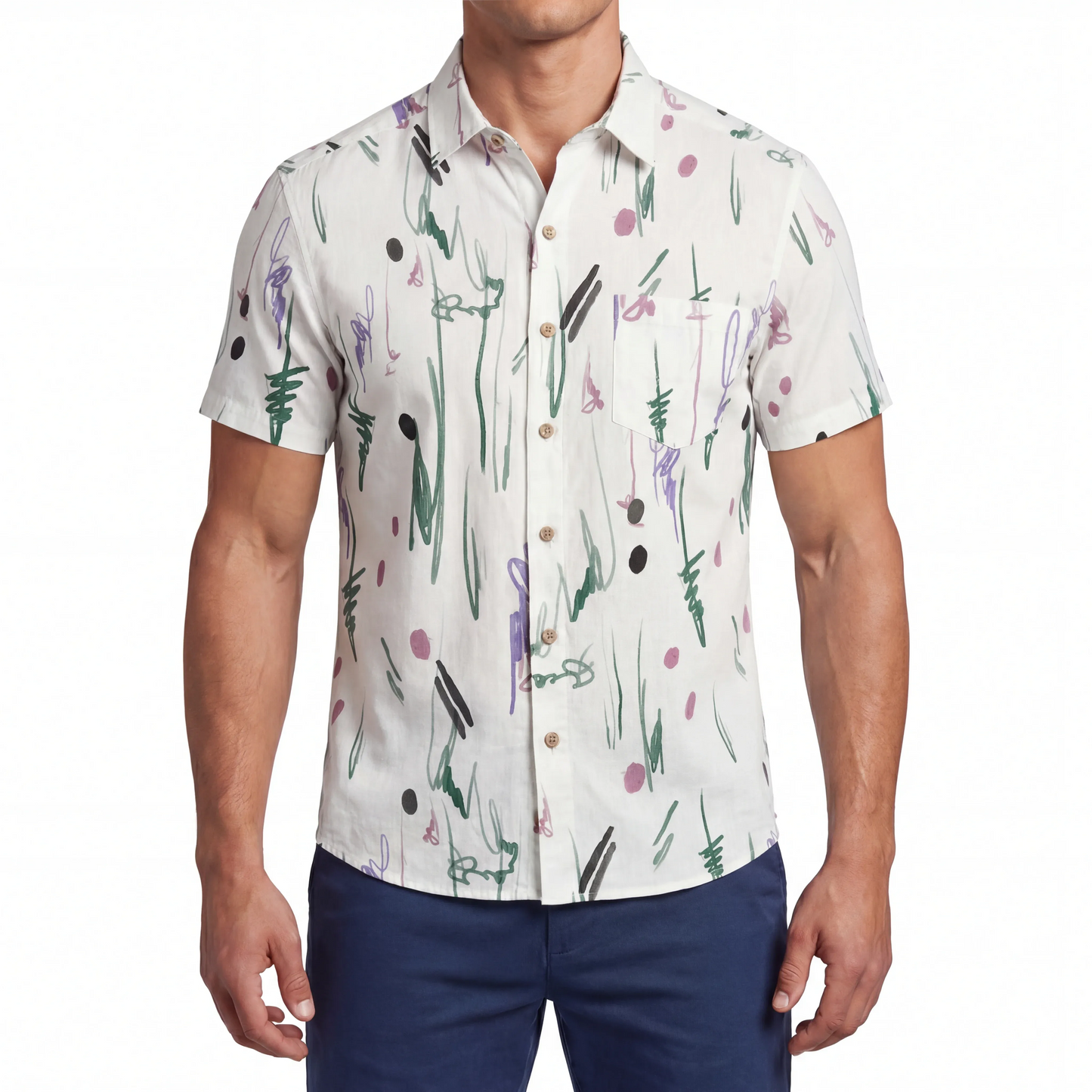 LeosWare® Men's Hawaiian Shirt Short Sleeve Button-up 100% Cotton Green Aloha Whimsical Traces
