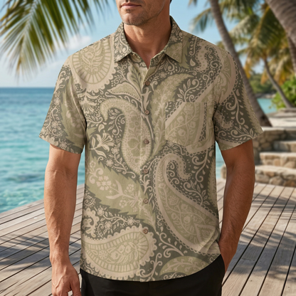 LeosWare® Men's Hawaiian Shirt Short Sleeve Button-up 95% Polyester, 5% Spandex Aloha Olive Paisley