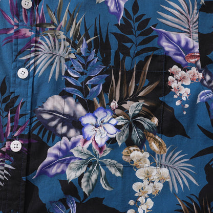 Dark Blue Hand Painted Orchid Floral Print 100% Cotton Button-down Shirt